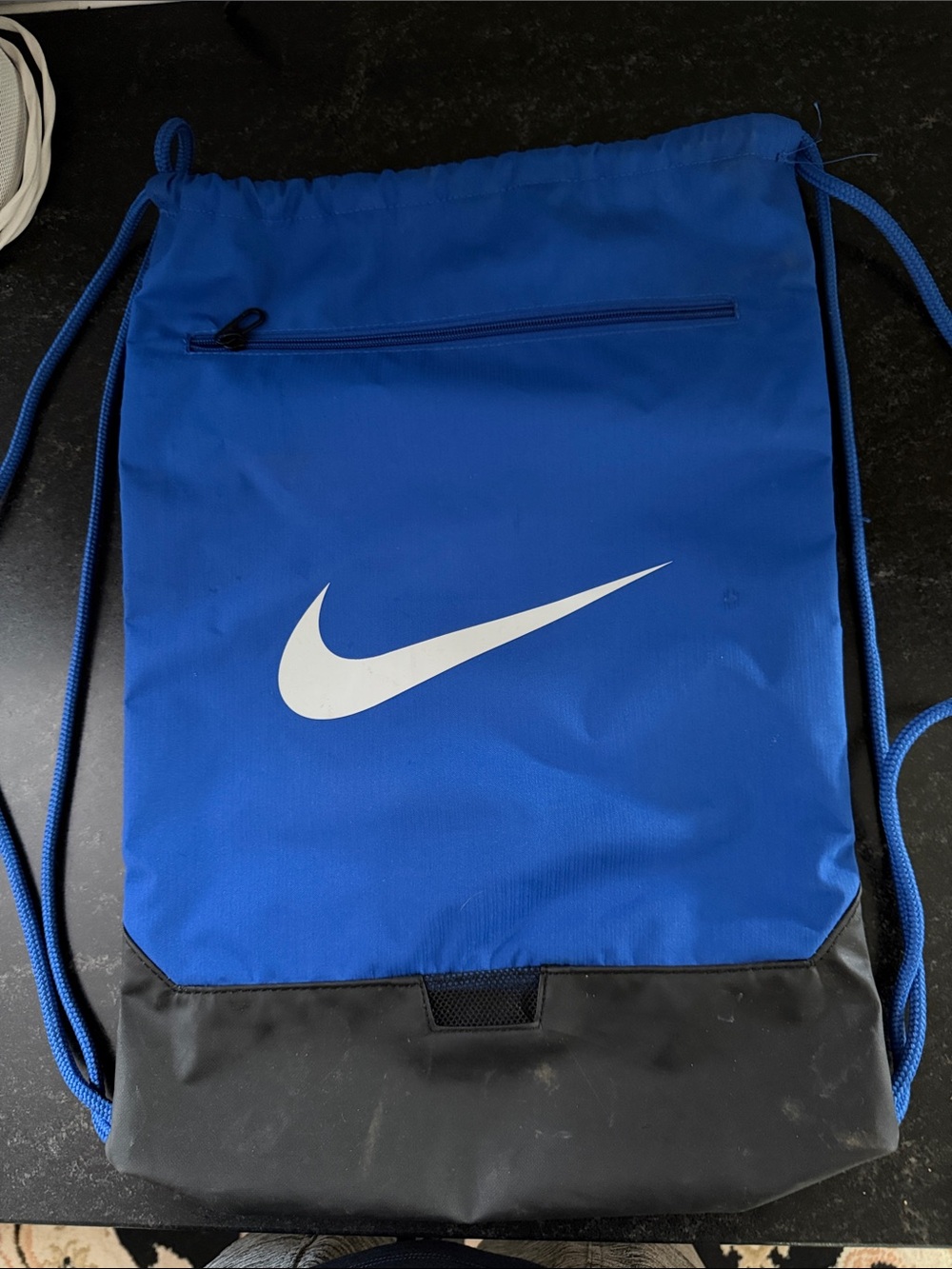 Nike Royal Blue Drawstring Backpack with White Swoosh and Black Base